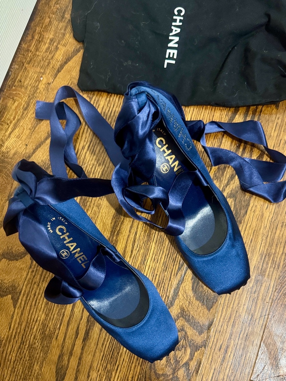 CHANEL/Navy Satin Ballet Tie Up The Ankle/4” Heels/NEVER WORN! VINTAGE! US 6.5!